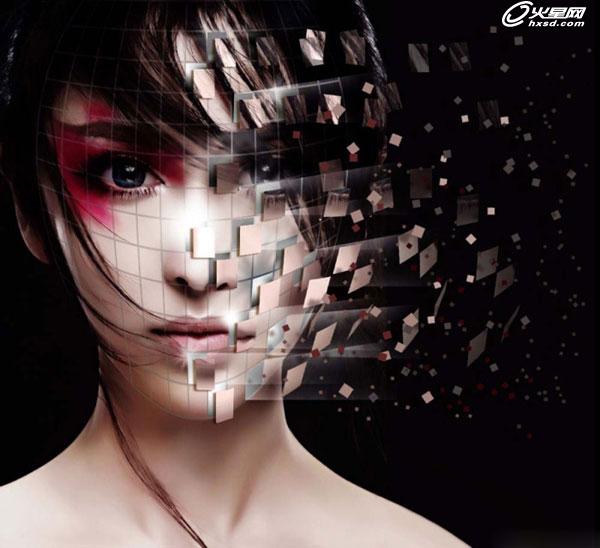 cg美女脸部创意效果绘制图形ps制作教程碎片学剥落流水线图片
