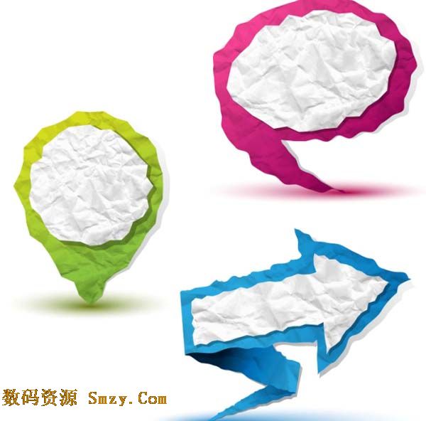 褶皱纸片对话框图片矢量素材是一款创意新颖的对话框展示效果,有着不平整的美,褶皱纸片制作的对话框,中间为白色,外围为彩色,有逗号形状的,球拍形状的,还有一款是箭头形状的,还有彩色的影子呢,详细还请见如下JPG缩略图,欢迎喜欢的朋友下载收藏!