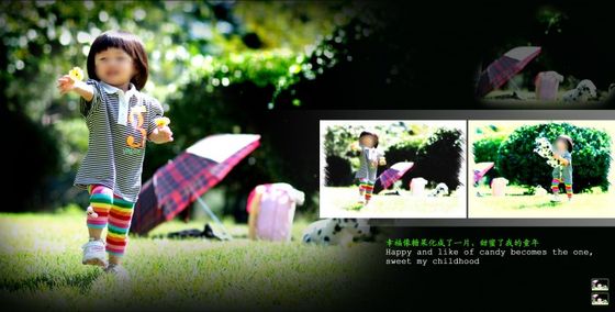 此乃儿童相册模板 快乐time系列的第六张模板,使用了三张儿童照片,采用黑色调作为本张儿童相册模板的背景主色调,左边的那张儿童照片是本张儿童相册模板展现的重点,照片中的小女孩站在草坪上,面带微笑抬头看着前方,十分的可爱,右边则使用了两张横版儿童照片,同时搭配以艺术线条、绿叶和精美的艺术文字等元素所综合设计而成,以表现可爱的儿童为重点,详细效果如下面JPG缩略图所示,欢迎下载制作。