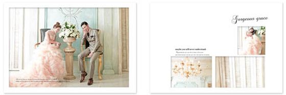 右边则使用了两张婚纱照片,同时搭配以艺术线条,精美的艺术文字等元素